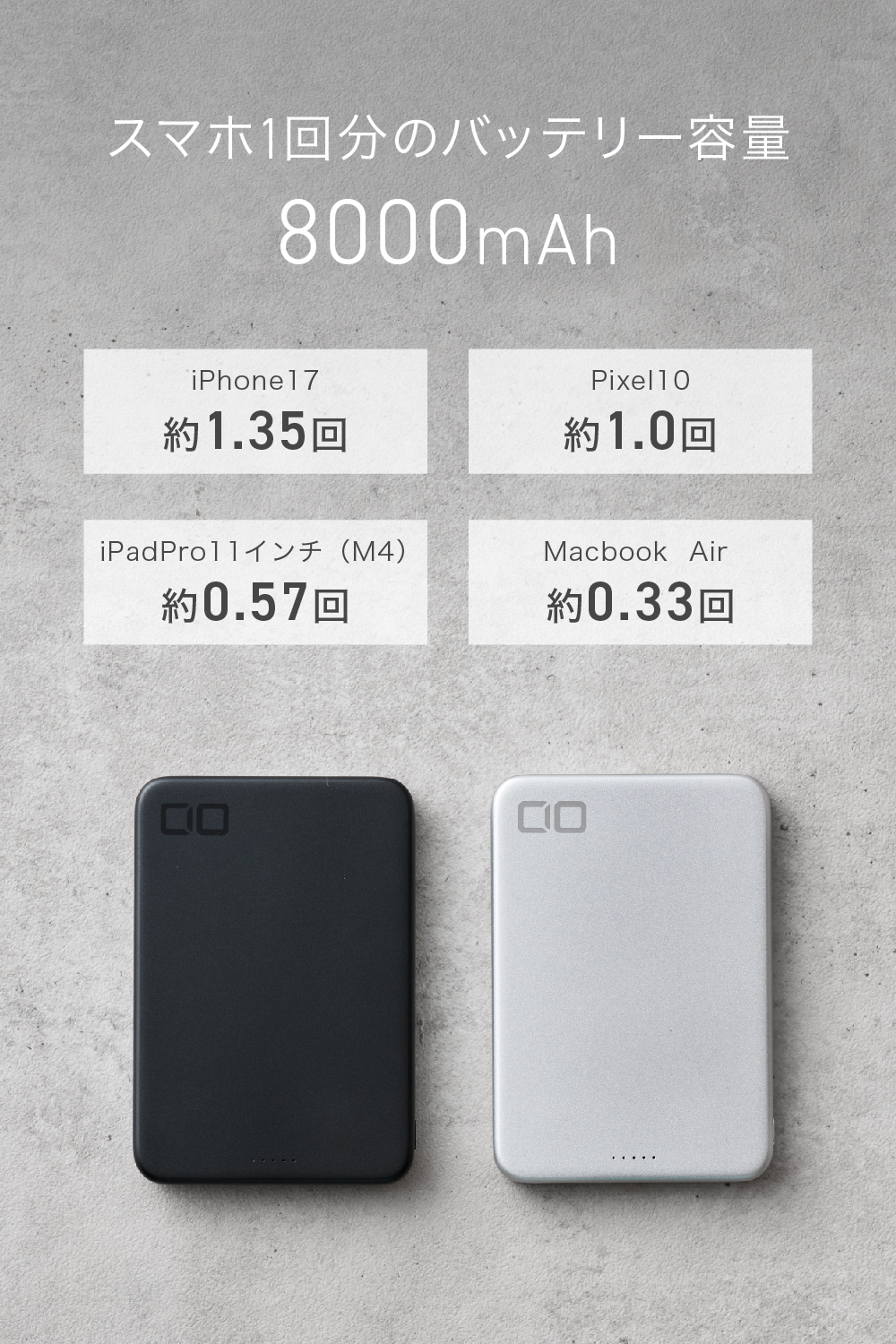 CIO SMARTCOBY SLIMⅡ Pro 8K 8000mAhバッテリー容量 - スマホ約1.35回分の充電が可能