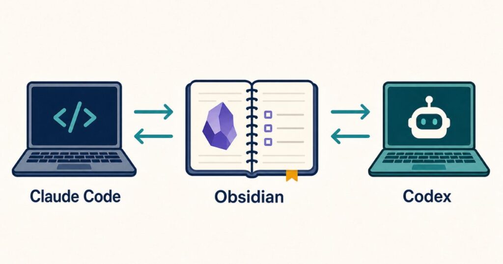 Obsidianをはさんで、Claude CodeとCodexが現在地を書き込み・読み取りする図