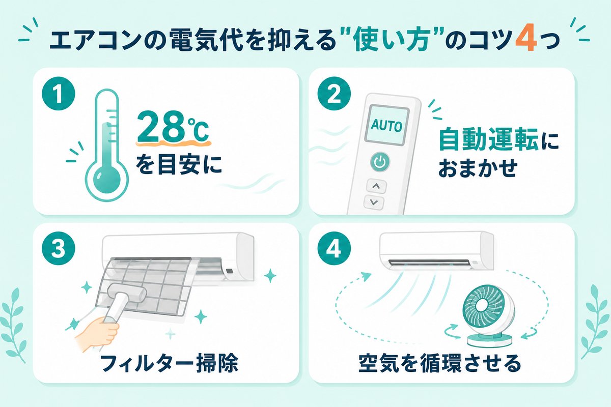 エアコンの電気代を抑える使い方のコツ4つ：28℃を目安に・自動運転におまかせ・フィルター掃除・空気を循環させる