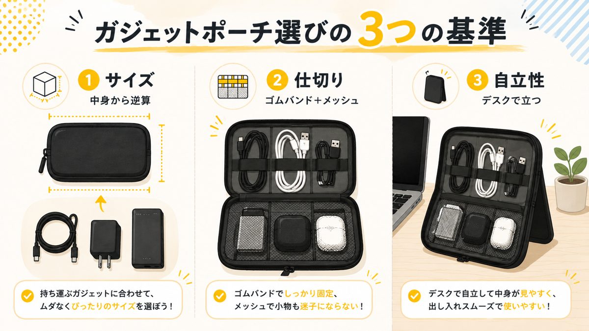 ガジェットポーチ選びの3つの基準（サイズ・仕切り・自立性）を表したイラスト