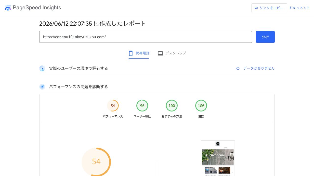 PageSpeed Insightsのモバイル測定結果・パフォーマンス54点
