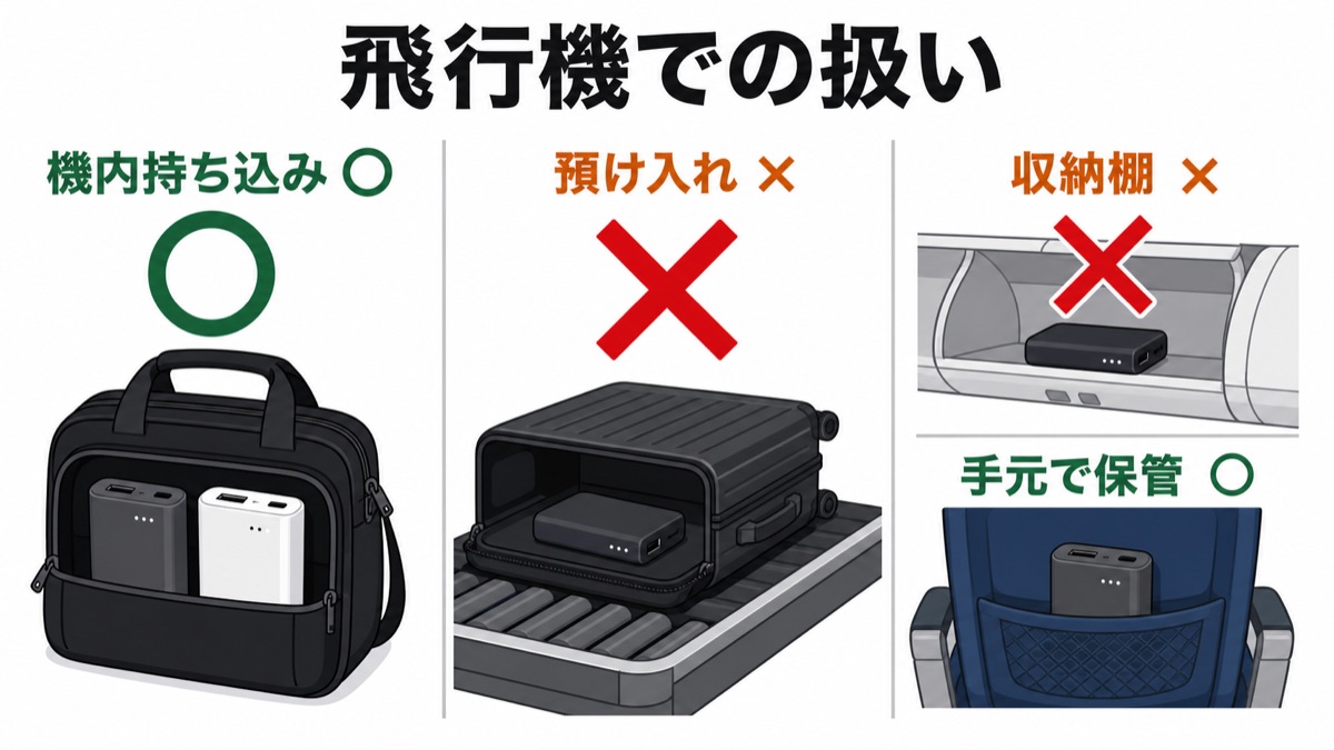 モバイルバッテリーは機内持ち込み、預け入れと収納棚は不可