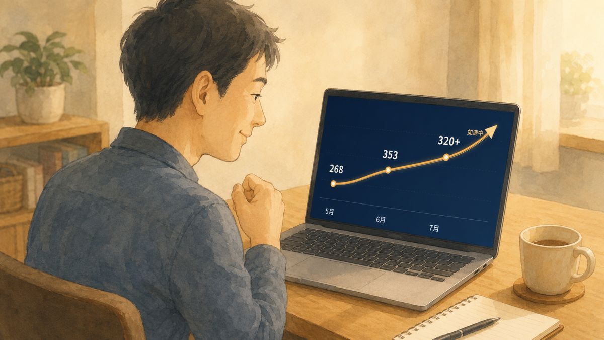 月間クリック数の推移（5月268→6月353→7月320+で加速中）