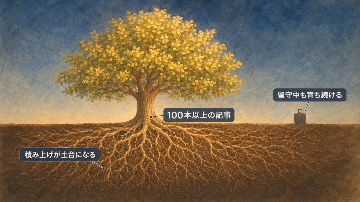 100本以上の記事が根を張り、留守中も育ち続けるイメージ図