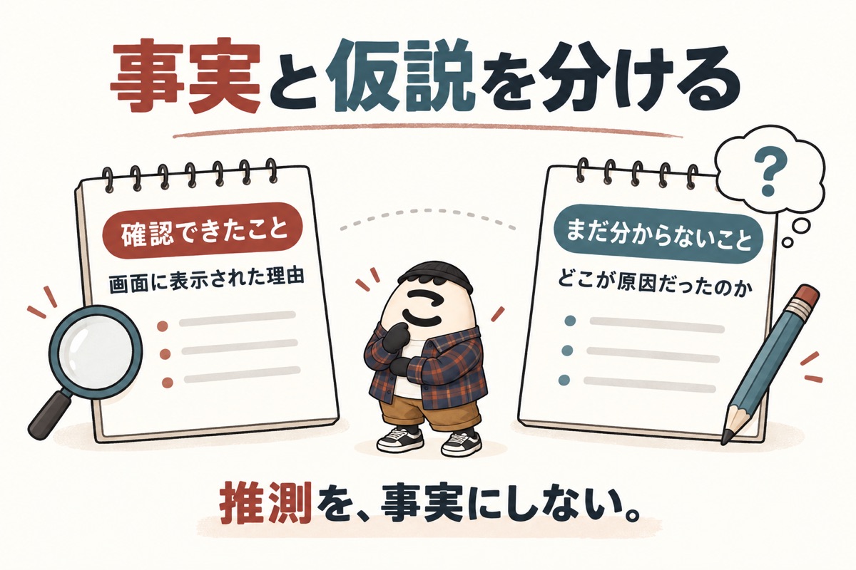 こりーぬくんが、画面で確認した理由と未確認の原因を別のノートに分けて考える図