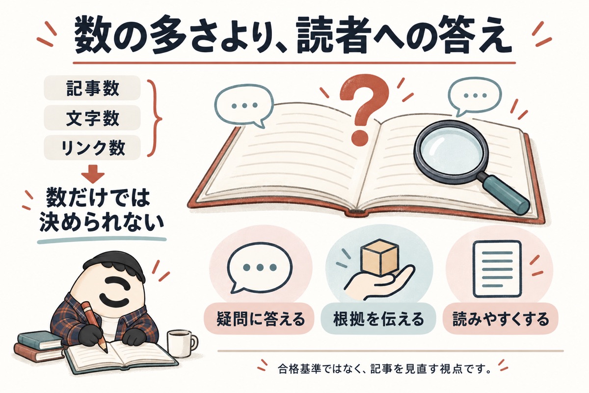 記事数や文字数だけでなく、疑問への答え、紹介の根拠、読みやすさを見直す3つの視点