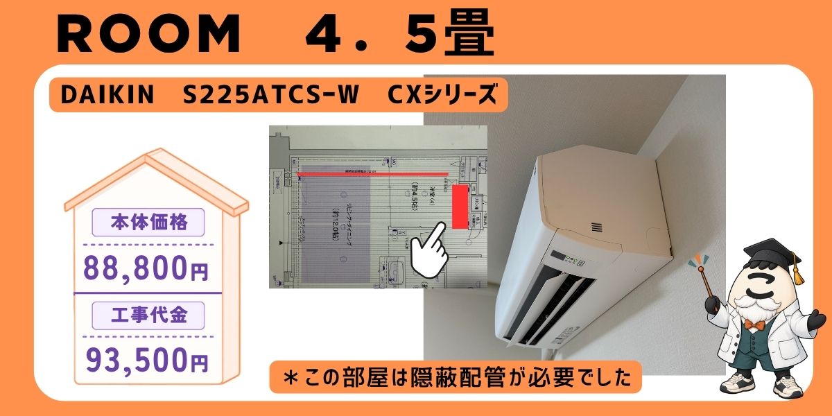 ダイキン S225ATCS-W の室内機と間取り図。本体88,800円・工事93,500円。隠蔽配管が必要だった部屋
