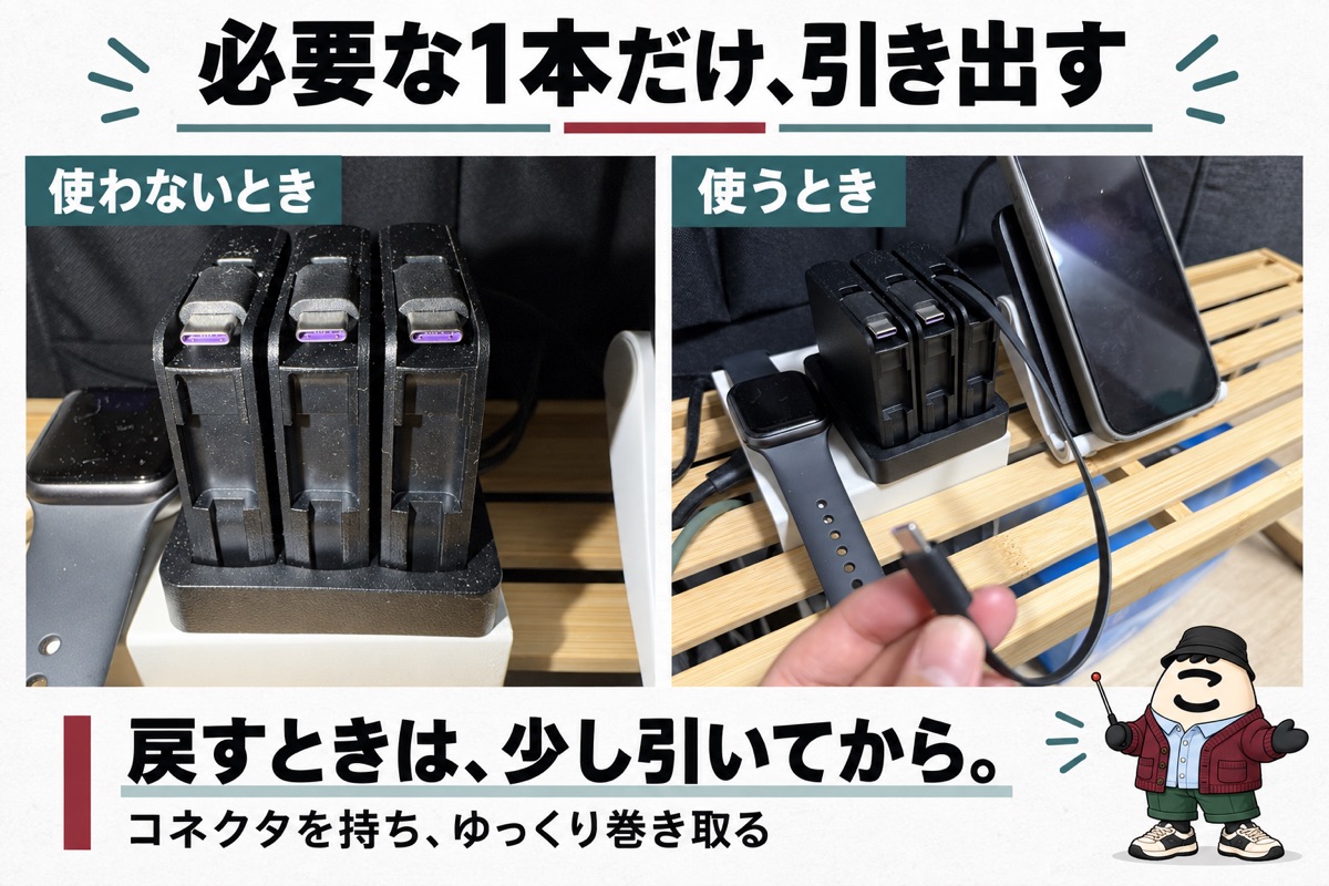 ケルベロスの収納時とケーブルを引き出した状態の比較
