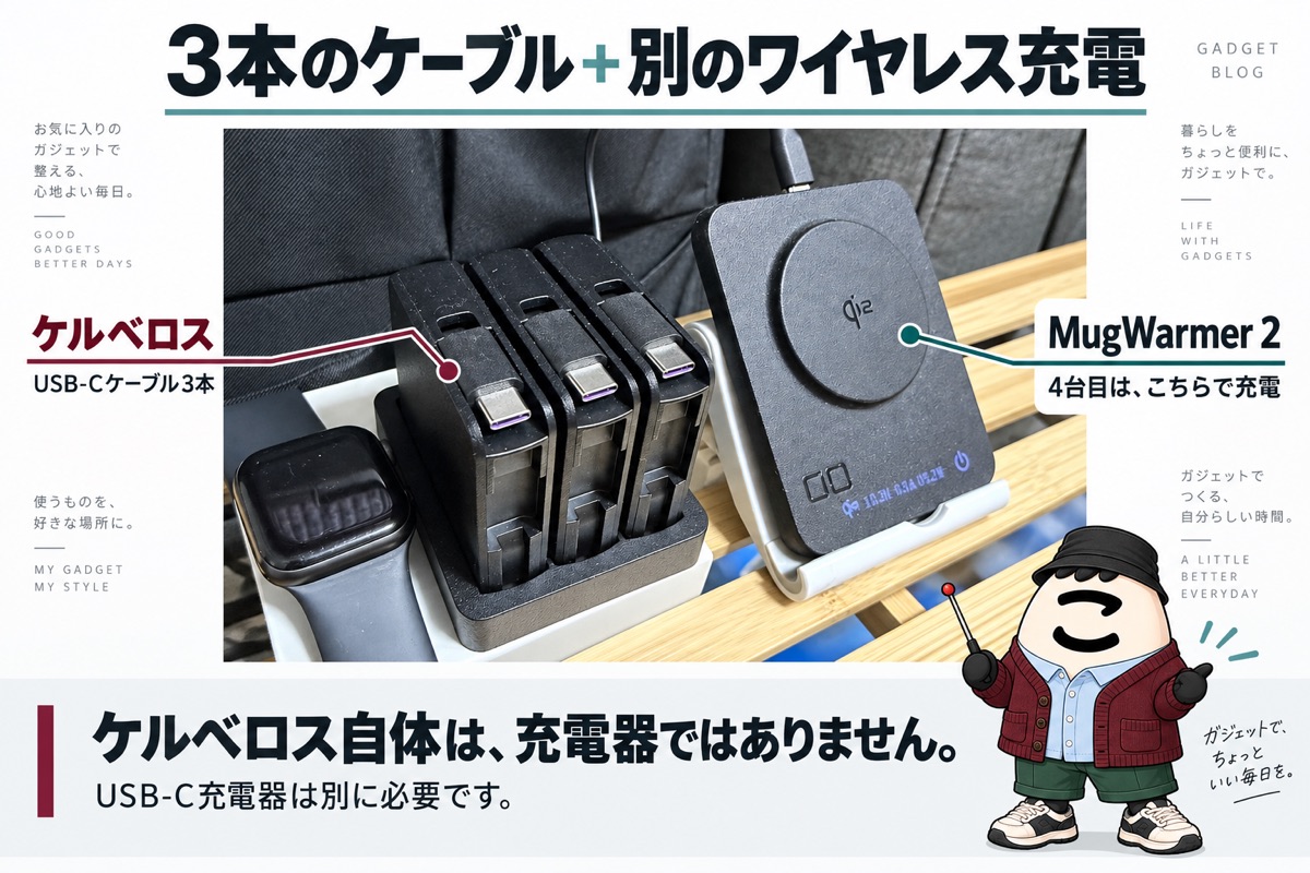 ケルベロスのケーブル3本と別機器MugWarmer 2の役割を示す説明画像