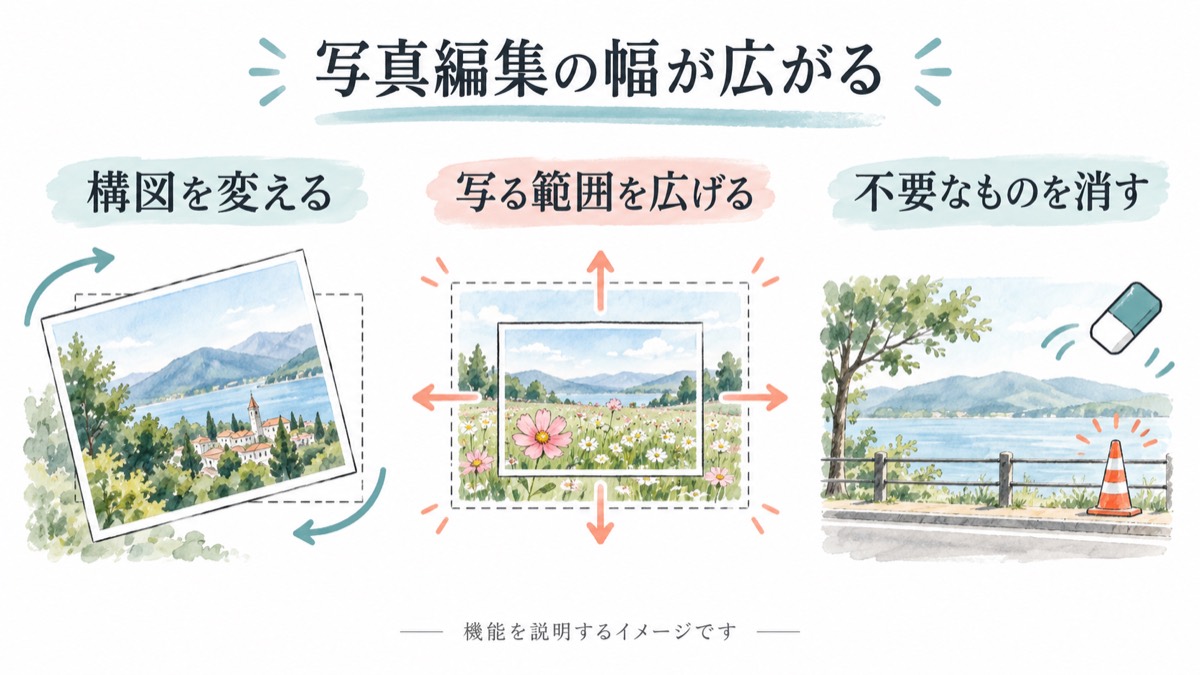 写真の構図調整・範囲の拡張・不要物の除去を表す3つのイラスト